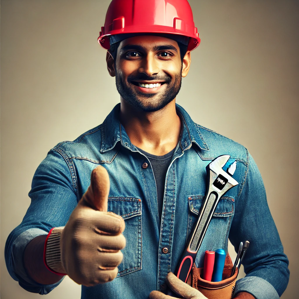 DALL·E 2025-03-15 12.27.13 - Generate a realistic image of an Indian male technician giving a thumbs-up. He should be wearing a red safety helmet, a denim work shirt, and protecti